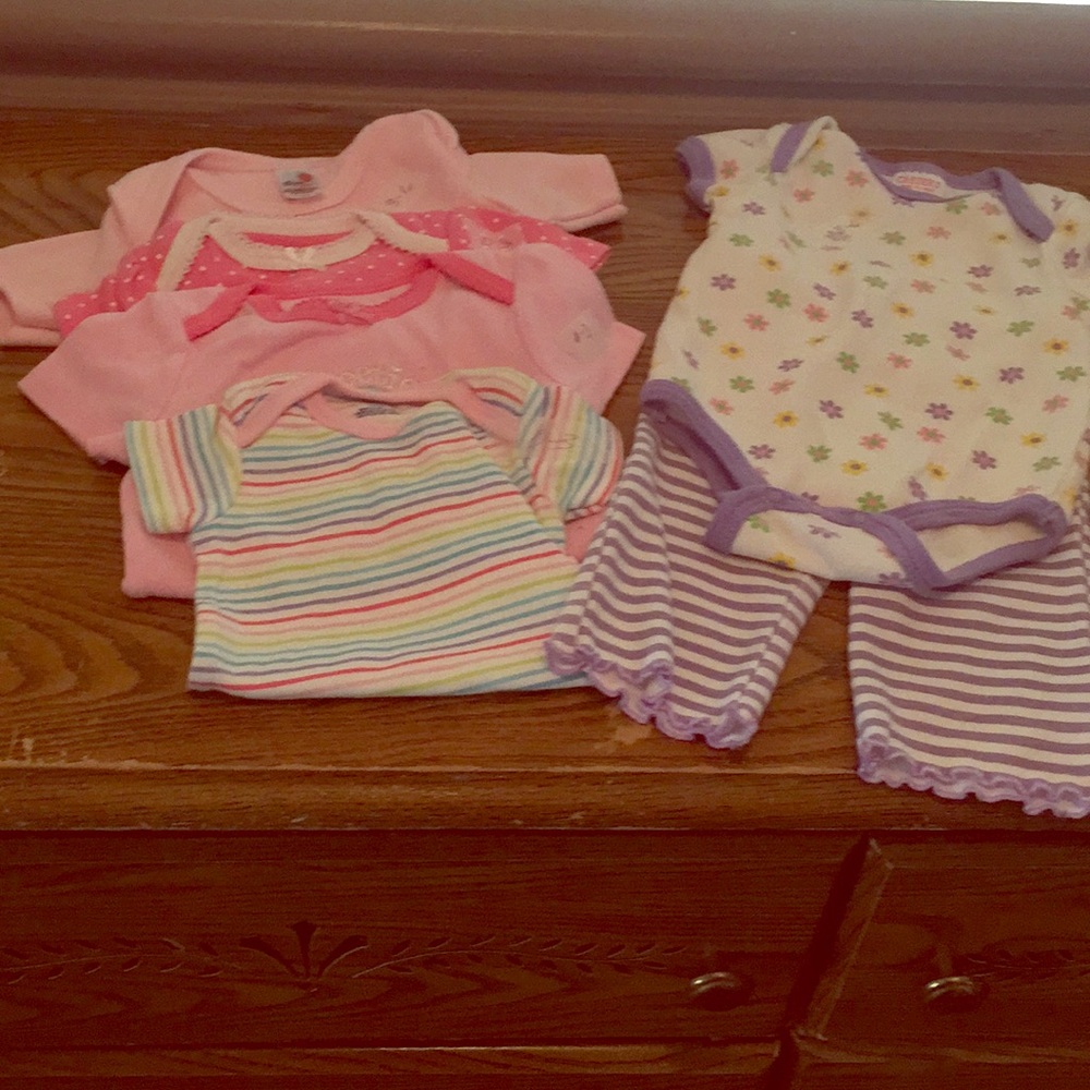 Baby onesies 0-3 mo, 3-6 mo.   Purple outfit  3-6